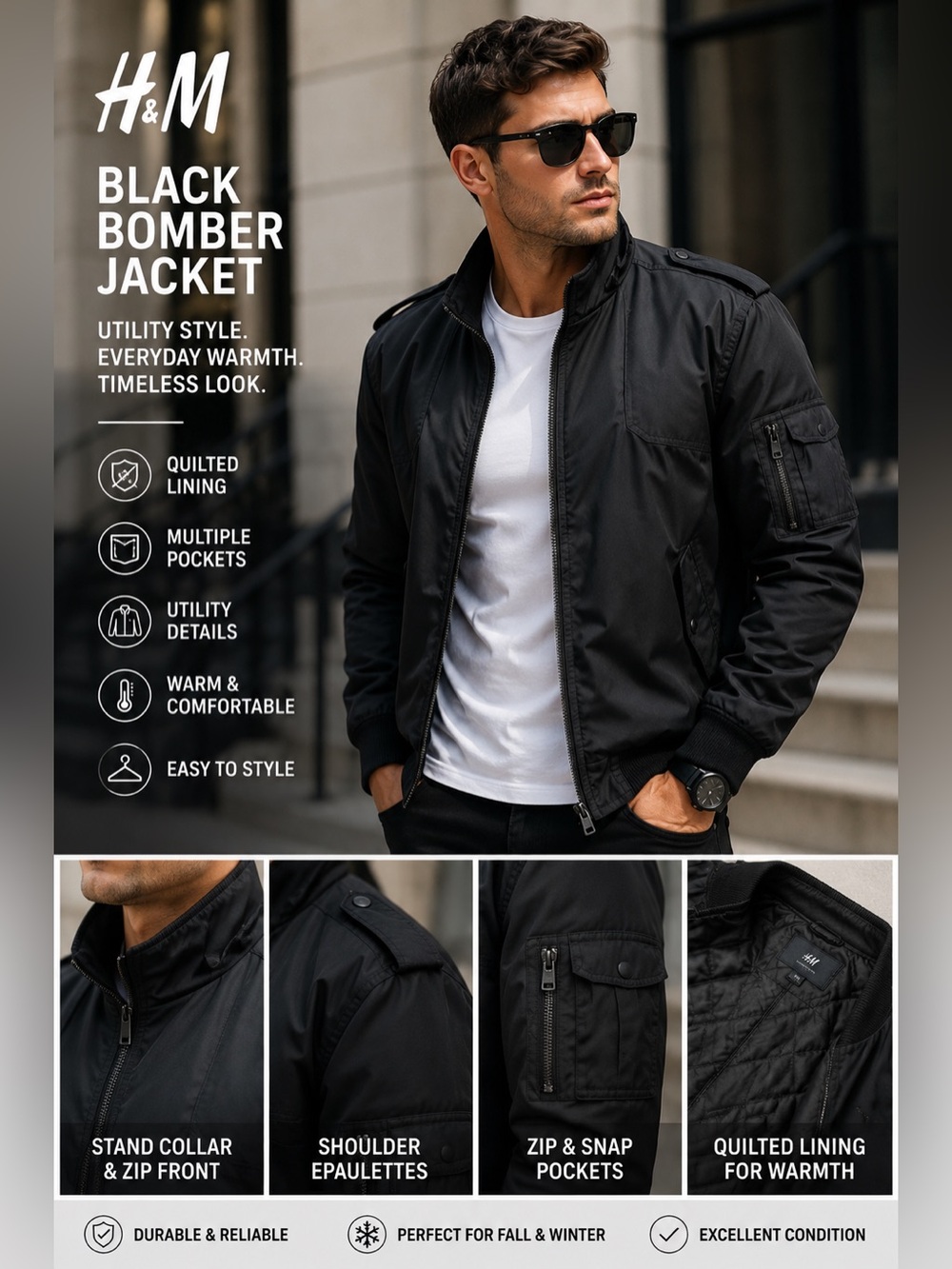 H&M Black Utility Bomber Jacket Men’s 46R Quilted Zip Military Style